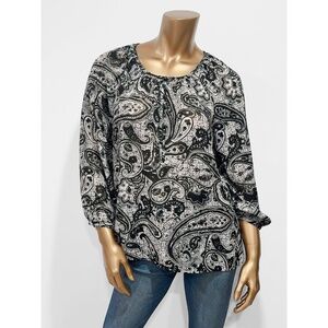 Chaps Women's Black White Paisley Print Semi-Sheer 3/4 Sleeve Blouse Top Size L